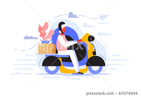 A courier in helmet rides a scooter to quickly and efficiently deliver the package to the client who ordered goods. A courier in helmet rides a scooter to quickly and efficiently deliver the package to the client who ordered goods. 65079848
