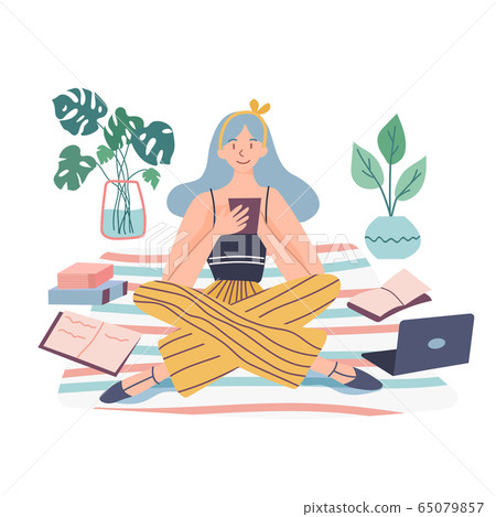 Young female student sitting on the carpet 65079857