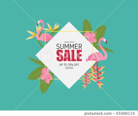 Summer sale banner with flamingo bird, tropical - Stock Illustration ...
