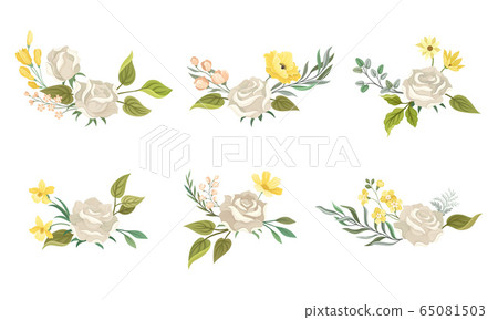 Flower Compositions with White Rose and Floral Leafy Branches Vector Set 65081503
