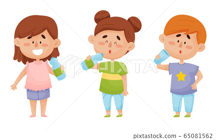 Kid Characters Standing and Drinking Still Mineral Water from Plastic Bottle Vector Illustrations Set 65081562