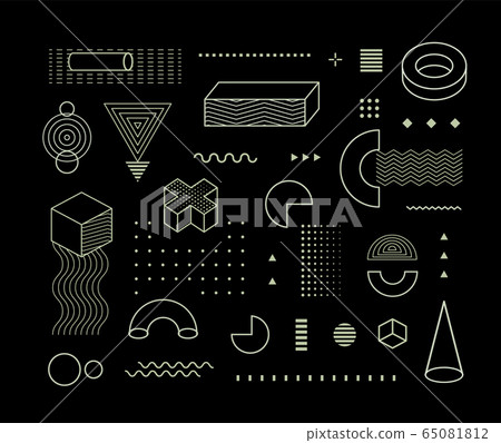 Geometrical pattern elements, set of memphis objects, shapes, dots and lines. Vintage geometry background. Constructivism painting, isolated vector graphic. 65081812