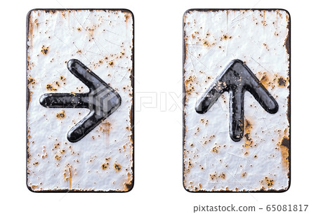 Set of symbols up arrow and right arrow made of forged metal on the background fragment of a metal surface with cracked rust. Set of symbols up arrow and right arrow made of forged metal on the background fragment of a metal surface with cracked rust. 65081817