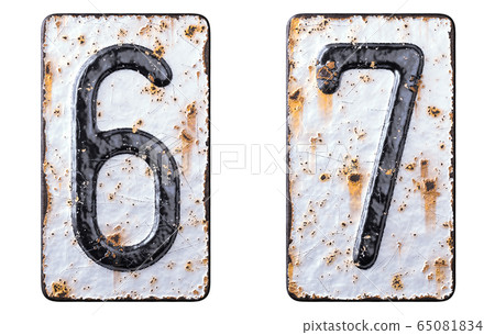 3D render set of numbers 6, 7 made of forged metal on the background fragment of a metal surface with cracked rust. 3D render set of numbers 6, 7 made of forged metal on the background fragment of a metal surface with cracked rust. 65081834