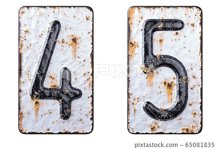 3D render set of numbers 4, 5 made of forged metal on the background fragment of a metal surface with cracked rust. 3D render set of numbers 4, 5 made of forged metal on the background fragment of a metal surface with cracked rust. 65081835