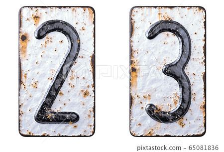 3D render set of numbers 2, 3 made of forged metal on the background fragment of a metal surface with cracked rust. 3D render set of numbers 2, 3 made of forged metal on the background fragment of a metal surface with cracked rust. 65081836