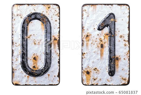 3D render set of numbers 0, 1 made of forged metal on the background fragment of a metal surface with cracked rust. 3D render set of numbers 0, 1 made of forged metal on the background fragment of a metal surface with cracked rust. 65081837