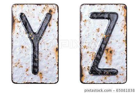 3D render set of capital letters Y, Z made of forged metal on the background fragment of a metal surface with cracked rust. 65081838