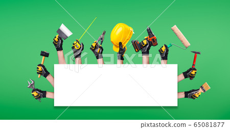 Hands of workers with different tools on blank green background in studio Hands of workers with different tools on blank green background in studio 65081877