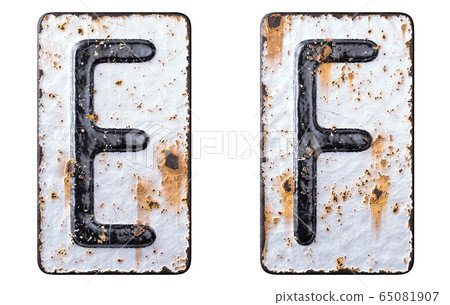 3D render set of capital letters E, F made of forged metal on the background fragment of a metal surface with cracked rust. 3D render set of capital letters E, F made of forged metal on the background fragment of a metal surface with cracked rust. 65081907