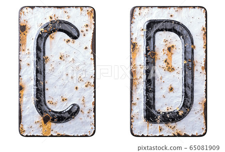 3D render set of capital letters C, D made of forged metal on the background fragment of a metal surface with cracked rust. 65081909
