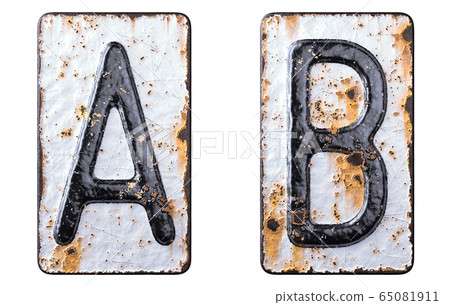 3D render set of capital letters A, B made of forged metal on the background fragment of a metal surface with cracked rust. 3D render set of capital letters A, B made of forged metal on the background fragment of a metal surface with cracked rust. 65081911