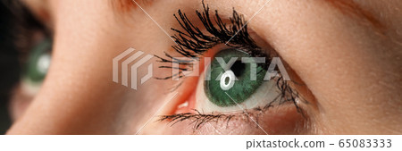 Female left blue eye tinted in green colour with special contact lens Female left blue eye tinted in green colour with special contact lens 65083333