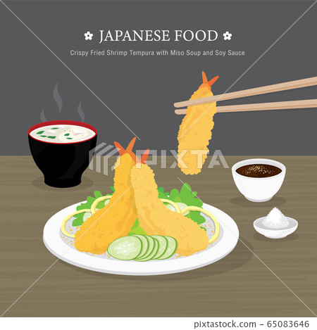 Set of Traditional Japanese food, Crispy Fried Shrimp Tempura with Miso Soup and Soy Sauce. Cartoon Vector illustration Set of Traditional Japanese food, Crispy Fried Shrimp Tempura with Miso Soup and Soy Sauce. Cartoon Vector illustration 65083646