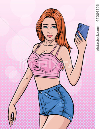Pretty girl. A beautiful woman posed for selfie with mobile phone. Illustration vector On pop art comics style Abstract dots background. Pretty girl. A beautiful woman posed for selfie with mobile phone. Illustration vector On pop art comics style Abstract dots background. 65084596