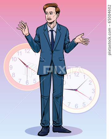 Business man Talk about meetings. Time is important. Illustration vector On pop art comics style Boards background. Business man Talk about meetings. Time is important. Illustration vector On pop art comics style Boards background. 65084602