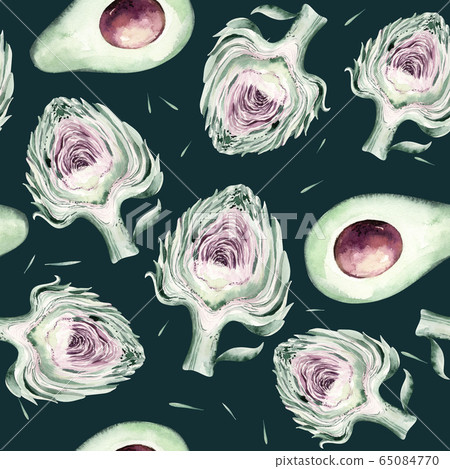 watercolor vegetables seamless pattern of fresh avocado and artichoke. Fabric vegetarian nature background illustration watercolor vegetables seamless pattern of fresh avocado and artichoke. Fabric vegetarian nature background illustration 65084770
