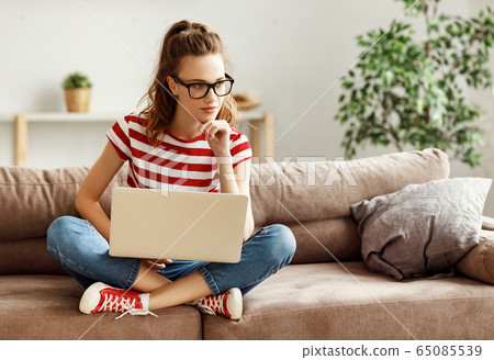 Smart woman using laptop on sofa. 65085539