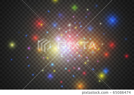 Set glow light effect with white sparks and golden stars shine with special light.White glowing light. Star Light from the rays. The sun is backlit. Bright beautiful star. Sunlight. EPS10. 65086474