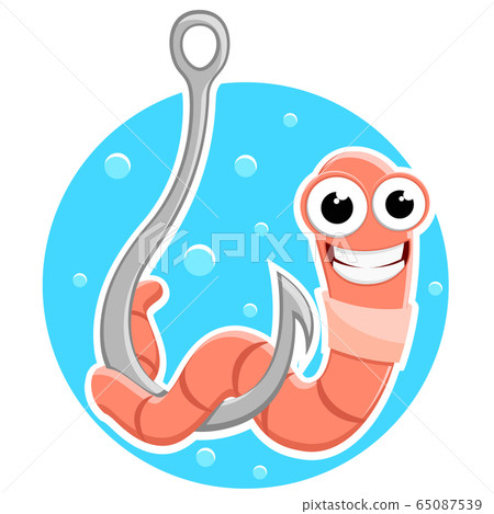Worm on a metal hook smiles. Character. Fishing Worm on a metal hook smiles. Character. Fishing 65087539