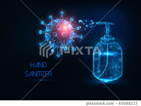 Futuristic glowing low polygonal hand sanitizer bottle against coronavirus banner 65088215