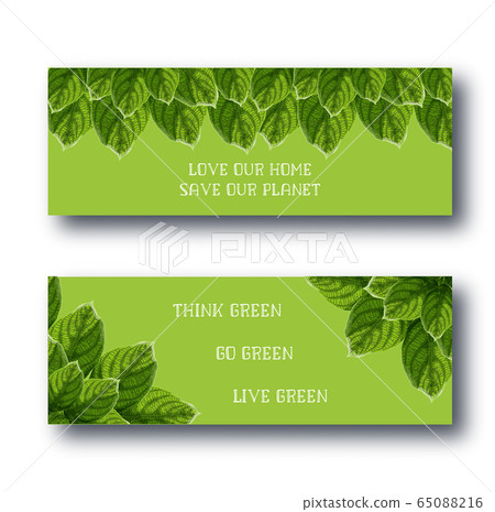 Happy Earth Day web banners set with bright green leaves frames and motivational quotes on green background. 65088216
