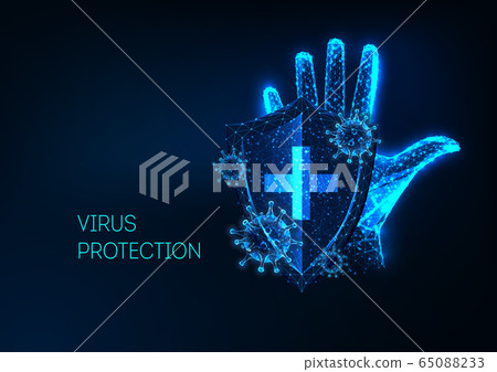 Futuristic Coronavirus protection concept with glowing low polygonal human hand, shield and viruses Futuristic Coronavirus protection concept with glowing low polygonal human hand, shield and viruses 65088233