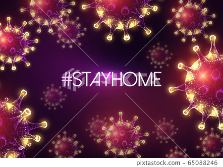 Stay at home hastag inspiration surrounded by coronavirus molecules on dark purple background. Stay at home hastag inspiration surrounded by coronavirus molecules on dark purple background. 65088246