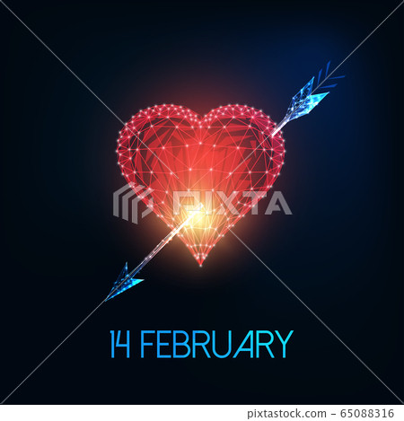 Futuristic Valentines day greeting card with glowing low polyred heart, arrow and text 14 February Futuristic Valentines day greeting card with glowing low polyred heart, arrow and text 14 February 65088316