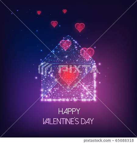 Futuristic Happy Valentine's Day greeting card with glowing low polygonal envelope and red hearts Futuristic Happy Valentine's Day greeting card with glowing low polygonal envelope and red hearts 65088318