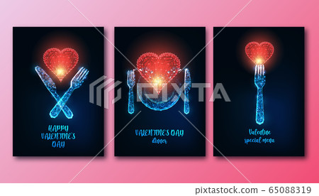 Futuristic Valentines day dinner poeters set with glowing low poly knife, fork, plate and red heart. Futuristic Valentines day dinner poeters set with glowing low poly knife, fork, plate and red heart. 65088319