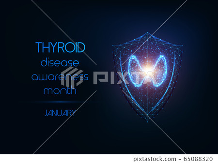 Thyroid disease awareness month banner with thyroid gland and protection shield on dark blue. 65088320
