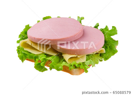 Sandwich with salad, tomato and sausage isolated on white Sandwich with salad, tomato and sausage isolated on white 65088579