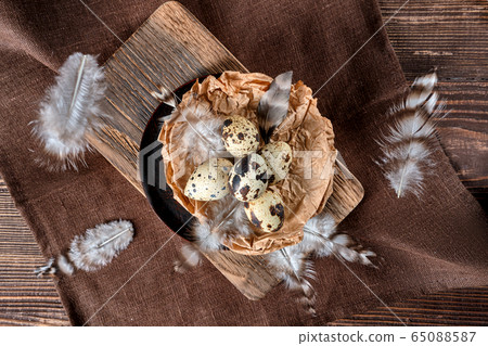 Overhead view of feathers falling on a bowl with quail eggs Overhead view of feathers falling on a bowl with quail eggs 65088587
