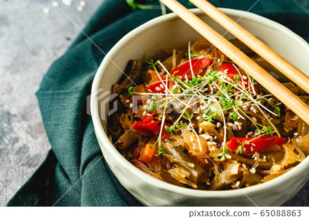 Noodles and green beans. Noodles and green beans. 65088863