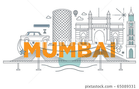Typography word Mumbai branding technology concept. Collection of flat vector web icons. Indian culture travel set, architectures, specialties detailed silhouette. Doodle famous landmarks. 65089331