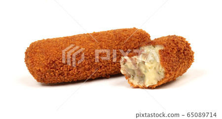 Partly eaten brown crusty dutch kroket isolated 65089714