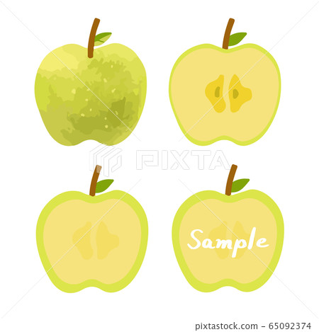 Hand drawn illustration set of green apples (whole, cross section, frame) 65092374
