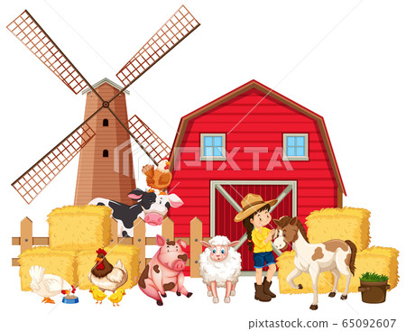 Scene with farmer and many farm animals 65092607