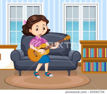 Scene with girl playing guitar in the living room Scene with girl playing guitar in the living room 65092736