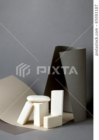 Set of white soapsuds on gray background, abstract Set of white soapsuds on gray background, abstract 65093187