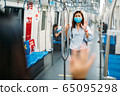 Two young asian women friends wearing protective mask meet in a subway train with bare hands. 65095298