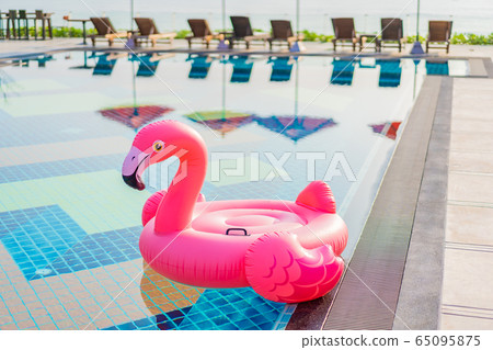Flamingo float around swimming pool in hotel resort with umbrella and chair in hotel resort 65095875
