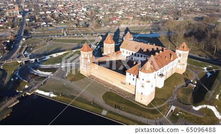 Aerial view of Medieval Castle in town Mir, Belarus Aerial view of Medieval Castle in town Mir, Belarus 65096488