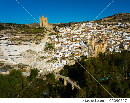 Aerial view of Alcala del Jucar, Spain 65096527
