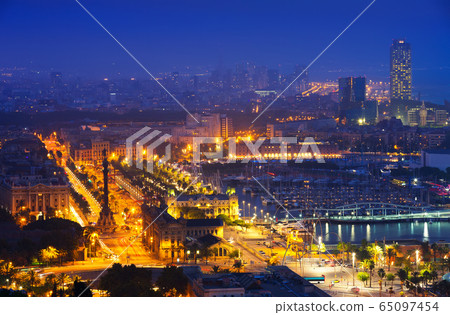 View to Port Vell of Barcelona in night 65097454