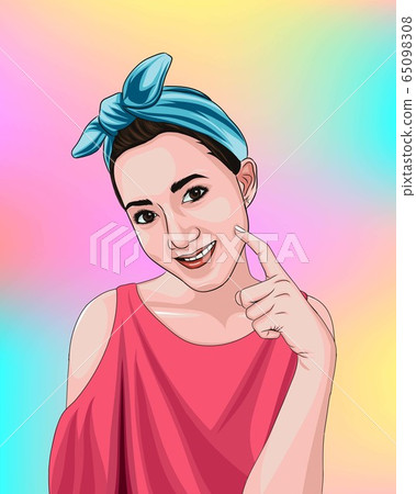 Pop art vector of pretty women pointing at own beautiful face On the holographic background.  65098308