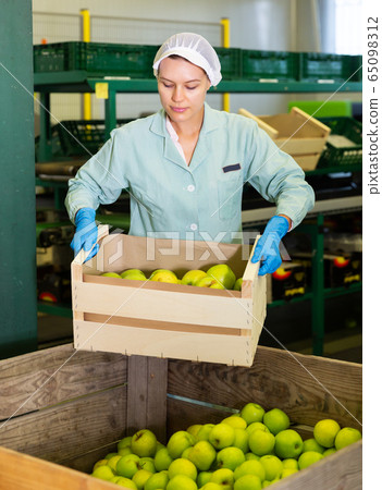 girl carrying box with packed apples to storage girl carrying box with packed apples to storage 65098312