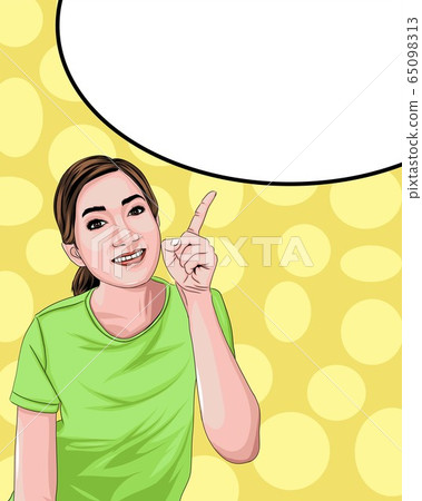 The woman was pointing her finger at the space. She smiled, glad, excited to see what was there The woman was pointing her finger at the space. She smiled, glad, excited to see what was there 65098313