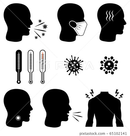 Icons for promoting covid-19 hygiene with wearing a face mask. Measurement of body temperature using a thermometer. Isolated vector icons. No infection and stop the virus. The symptoms of the disease  65102141